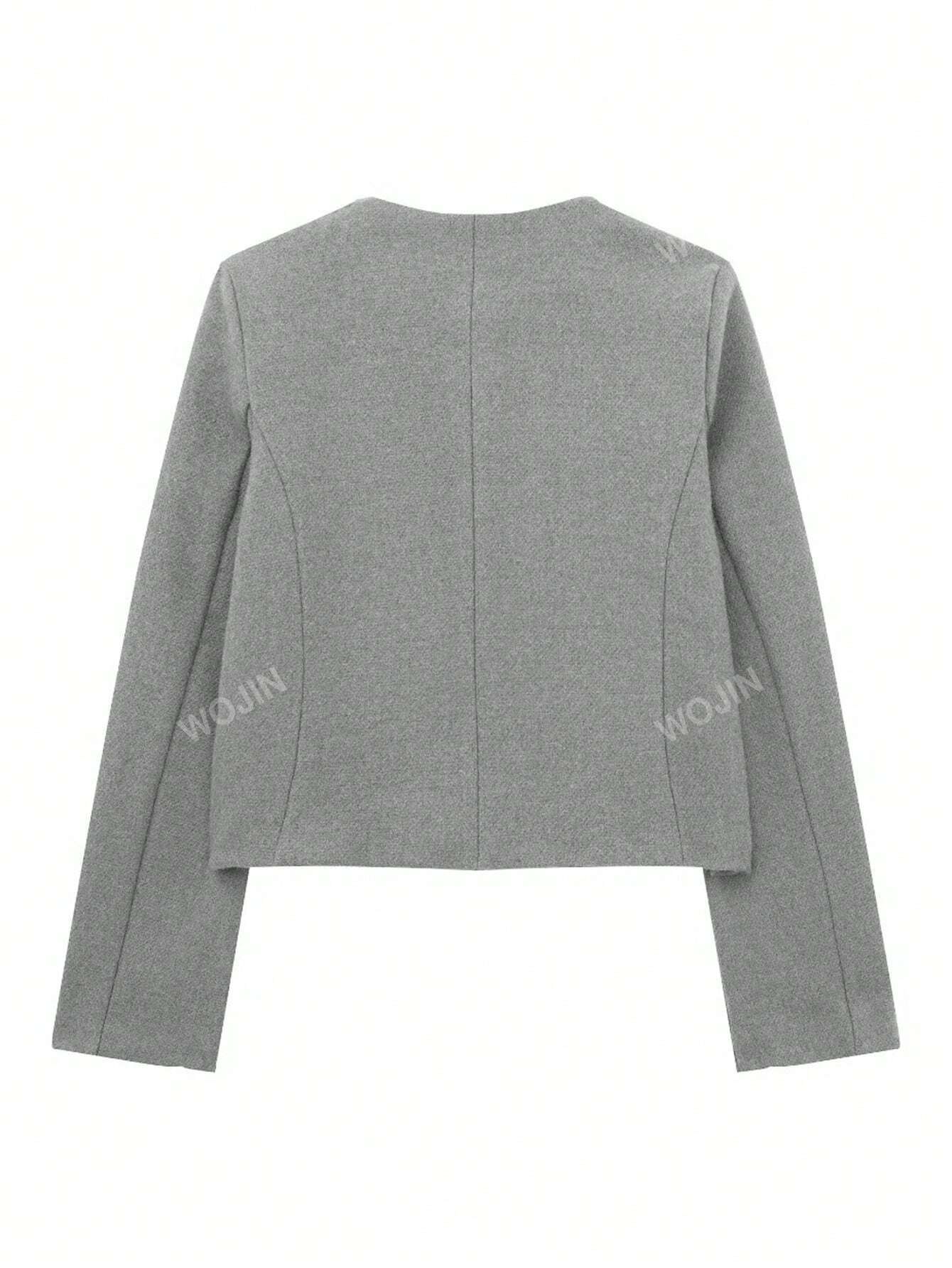 Women's Elegant Casual Tweed Jacket Round Neckline Decorated Long Sleeves Solid Colour Coat shein