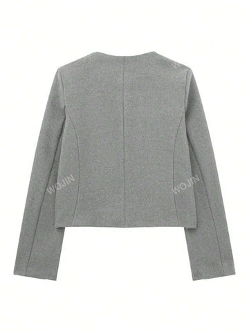 Women's Elegant Casual Tweed Jacket Round Neckline Decorated Long Sleeves Solid Colour Coat shein