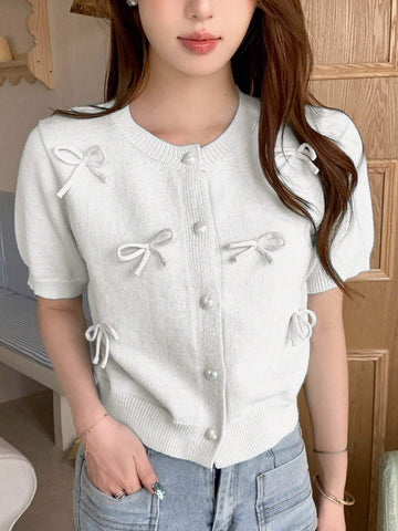 DAZY Solid Color Short Sleeve Round Neck Bow Tie Women Cardigan shein