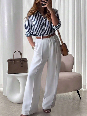 Frenchy Striped Collared Casual Shirt Paired With Straight White Pants shein