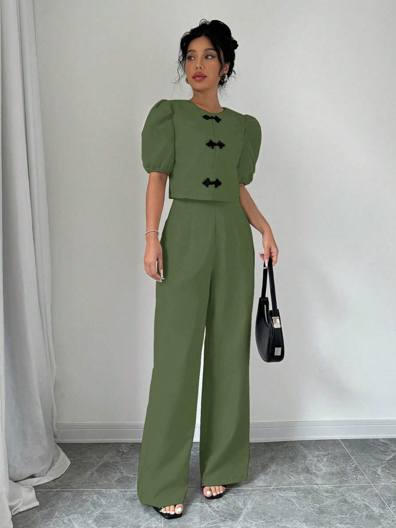 Privé Bow Front Puff Sleeve Blouse & Wide Leg Pants shein