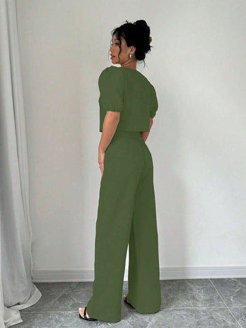 Privé Bow Front Puff Sleeve Blouse & Wide Leg Pants shein