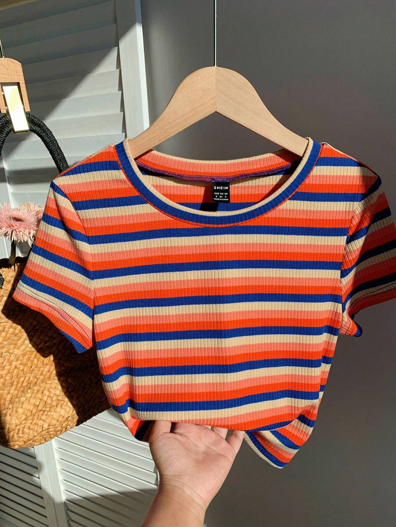 EZwear Colorful Striped Knit Slim-Fit Women\ T-Shirt shein