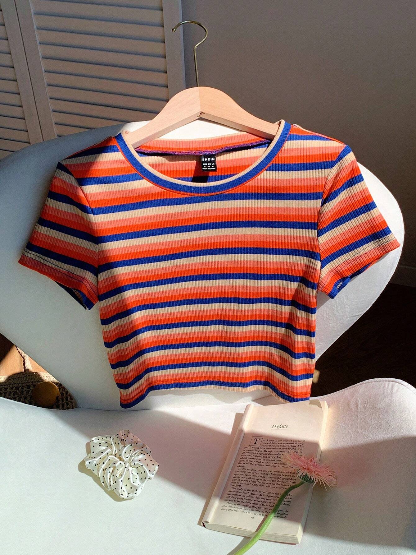 EZwear Colorful Striped Knit Slim-Fit Women\ T-Shirt shein