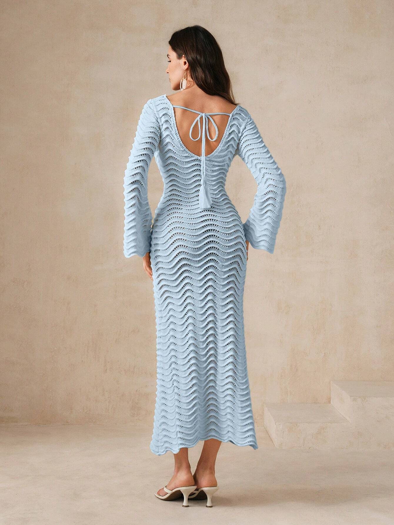 AZ Solid Color Knitted Hollow Out Wave Shaped Flare Sleeve dress shein