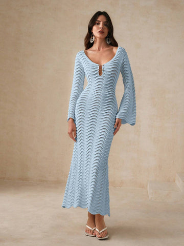 AZ Solid Color Knitted Hollow Out Wave Shaped Flare Sleeve dress shein