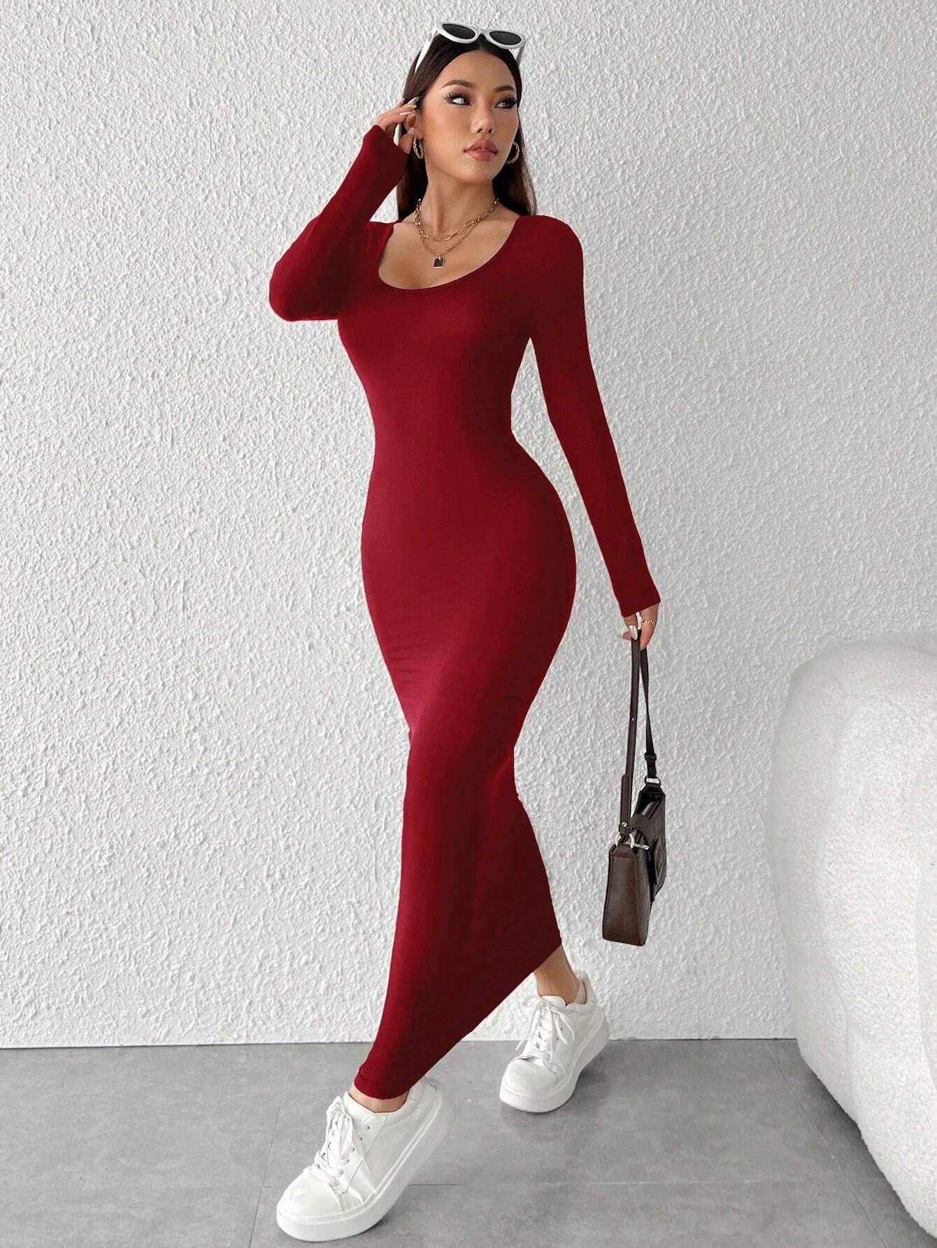 PETITE Solid Color Slim Fit Long Dress shein