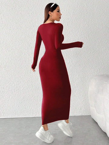 PETITE Solid Color Slim Fit Long Dress shein