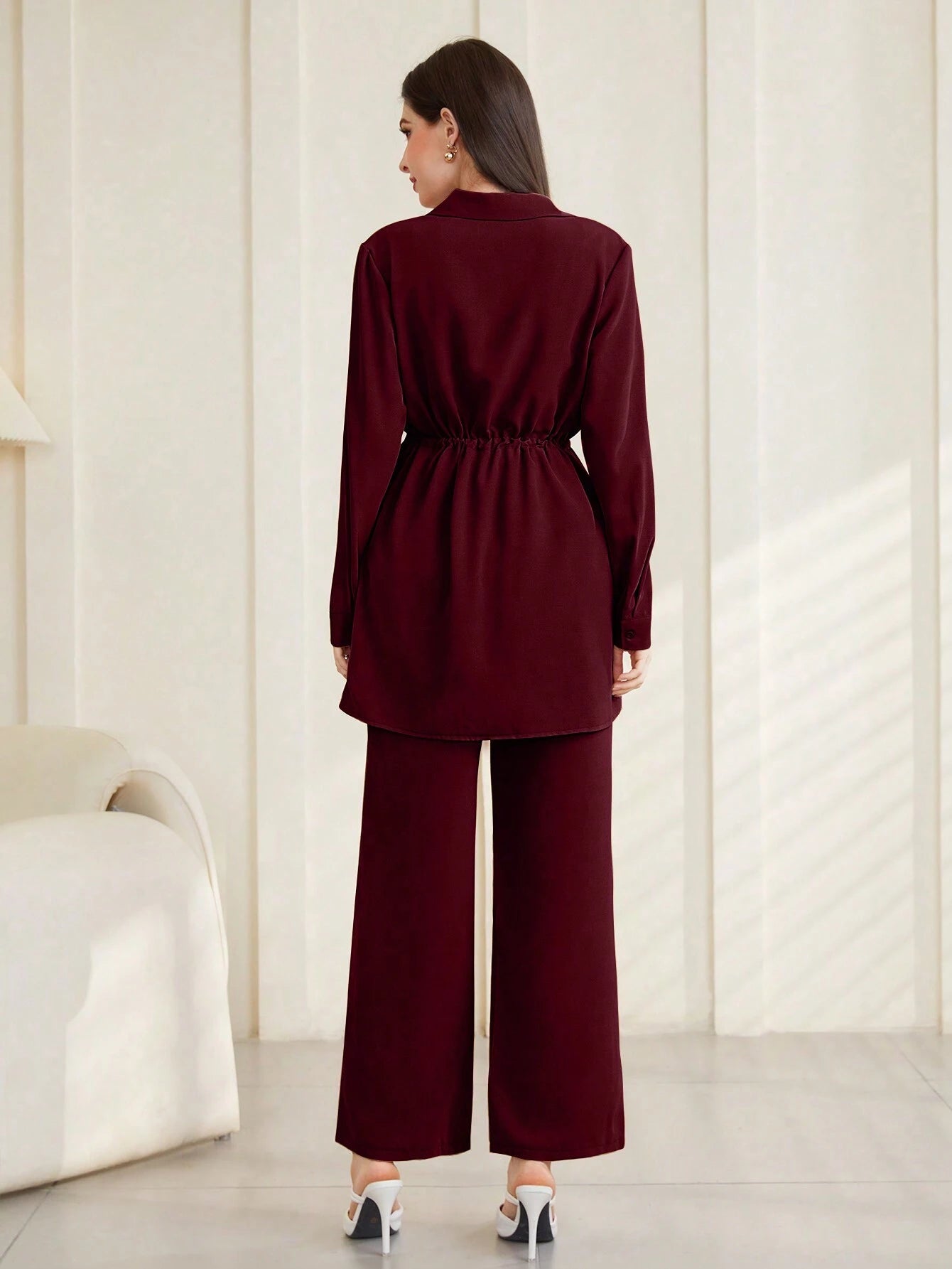 Mulvari Burgundy Red Women Solid Color Minimalist Casual Long Sleeve Top And Pants Set shein