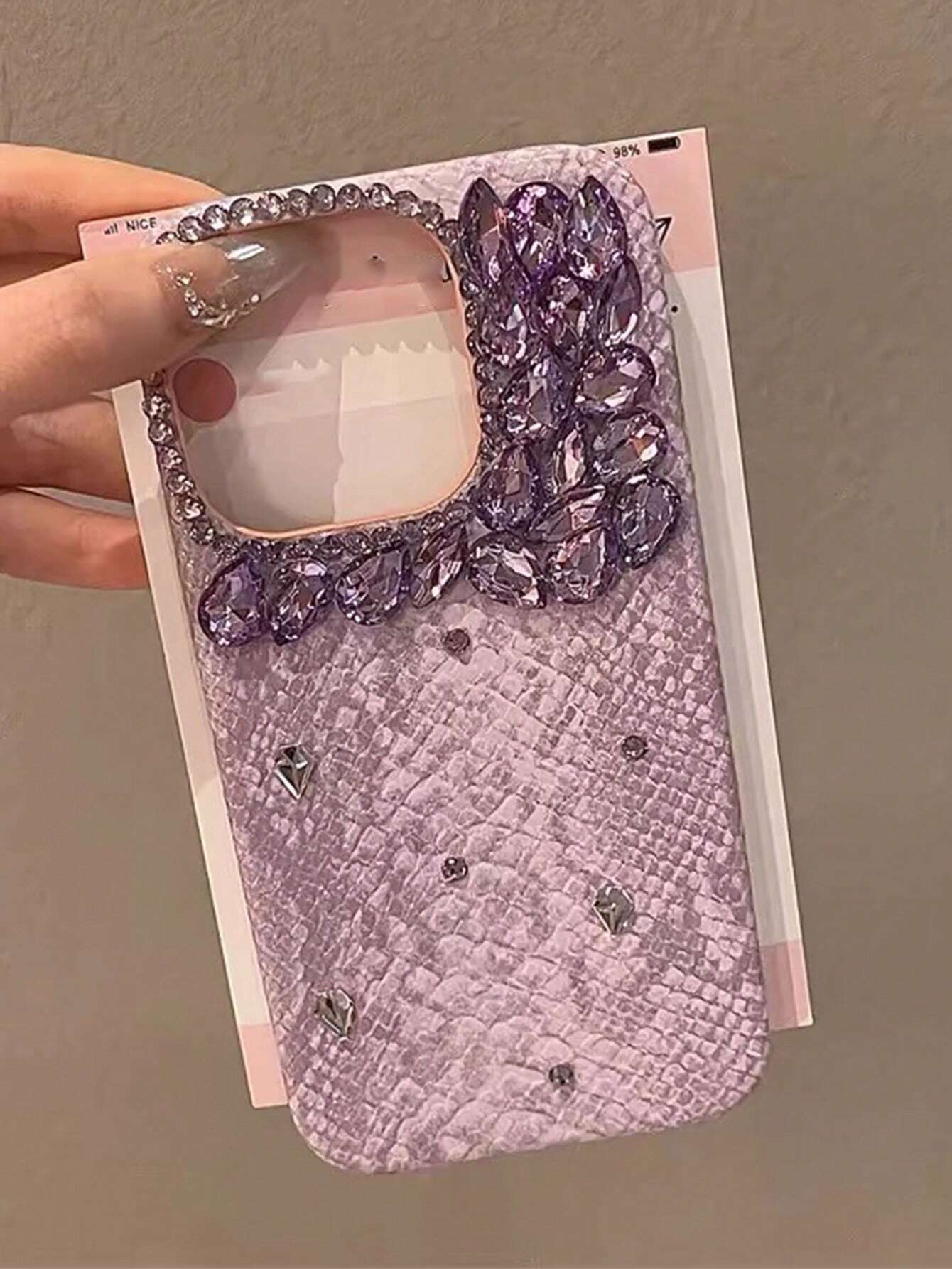 Y2k Fashionable Luxury New Faux Snake Skin Texture Pink Handcrafted Bling Full Body Shockproof Phone Case Cover shein