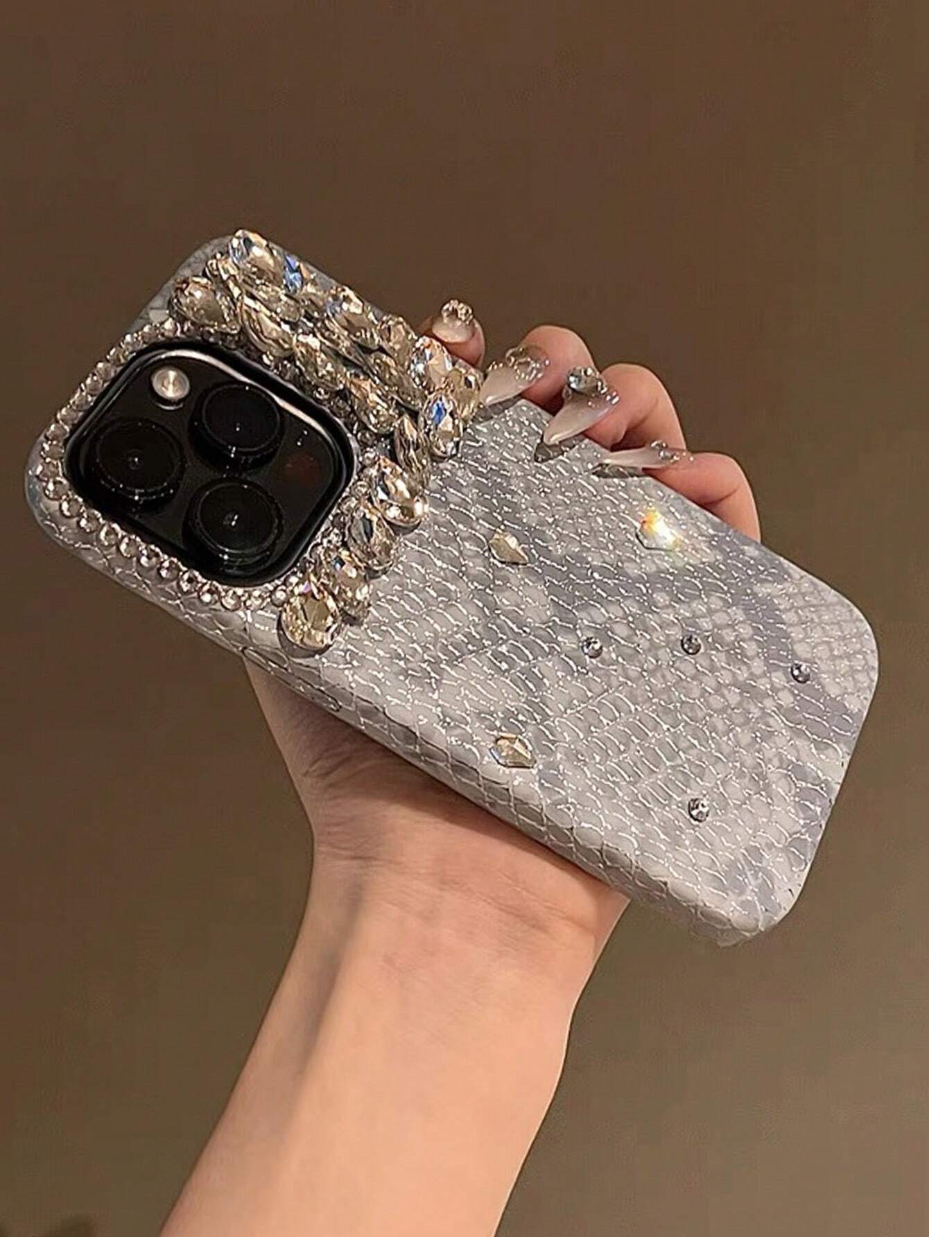 Y2k Fashionable Luxury New Faux Snake Skin Texture Pink Handcrafted Bling Full Body Shockproof Phone Case Cover shein