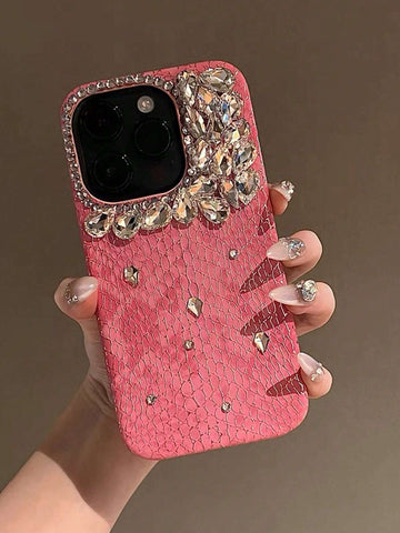 Y2k Fashionable Luxury New Faux Snake Skin Texture Pink Handcrafted Bling Full Body Shockproof Phone Case Cover shein