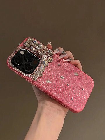 Y2k Fashionable Luxury New Faux Snake Skin Texture Pink Handcrafted Bling Full Body Shockproof Phone Case Cover shein