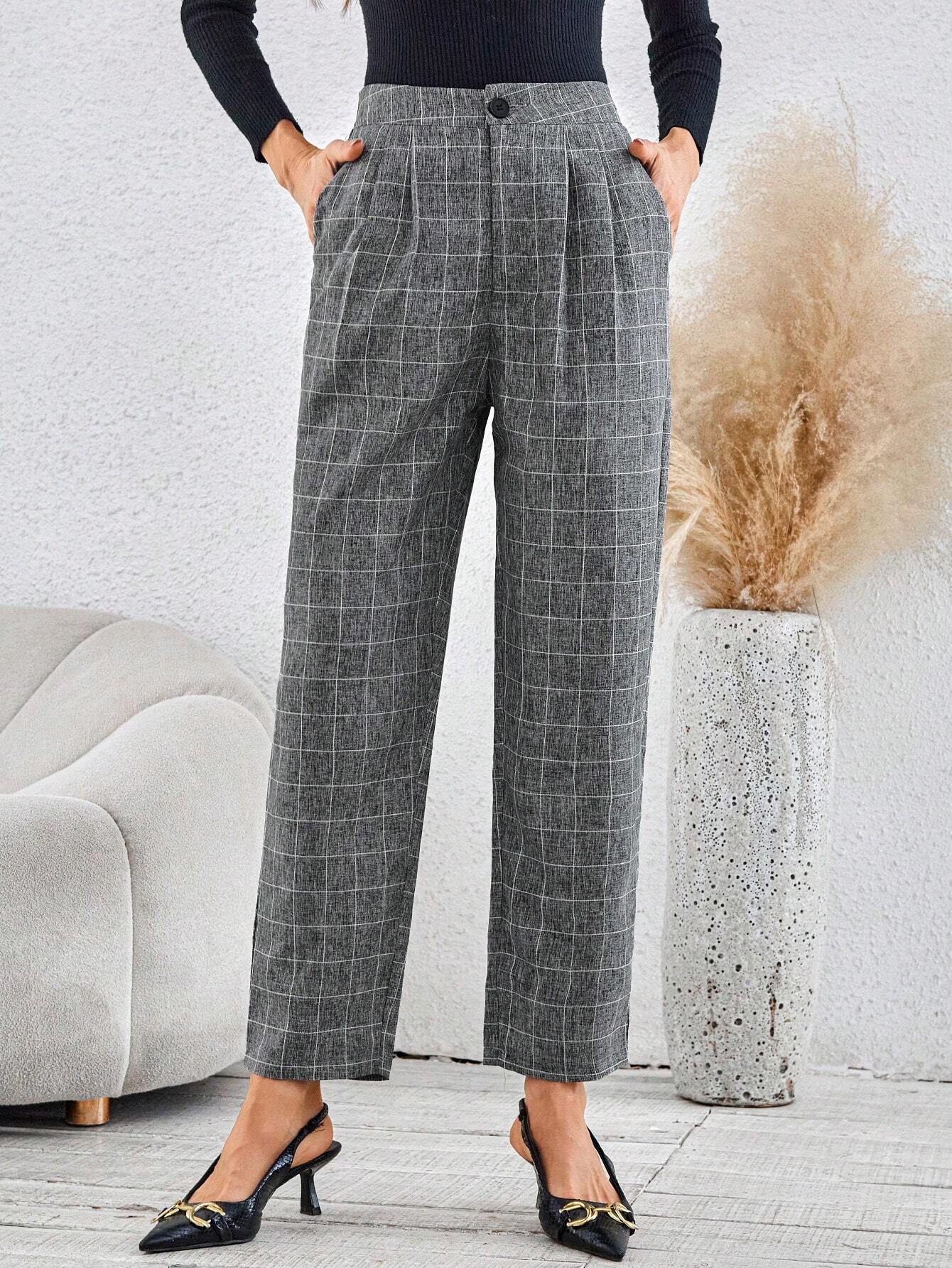 Clasi Plaid Print Slant Pocket Cropped Suit Pants Without Belt shein