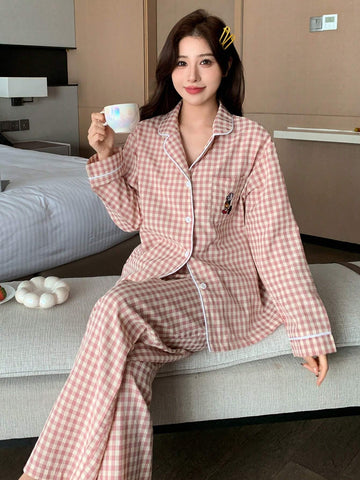 DAZY 2pcs Plaid Embroidery Pajama Set Shein