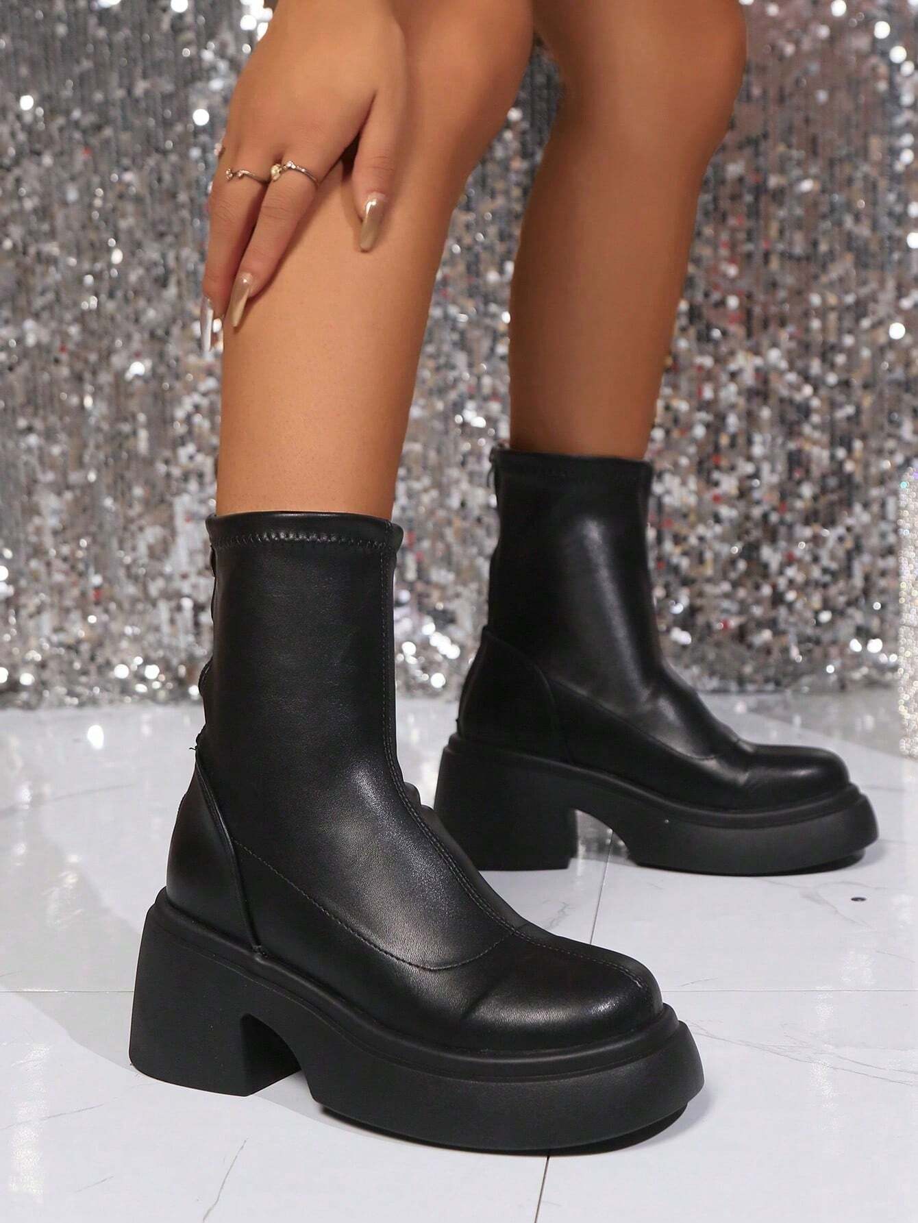 French Style Chunky Heel Boots With Height-Boosting Thick Sole, Round Toe And Waterproof Platform For Women shein