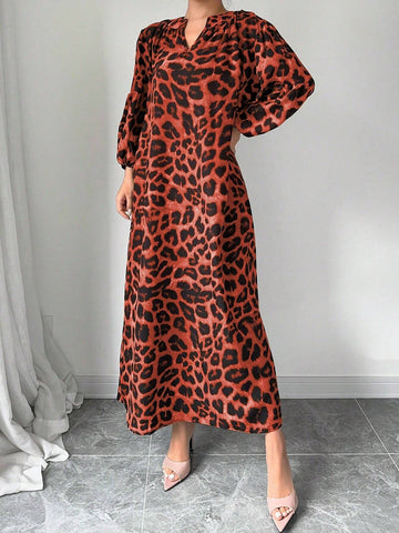 Privé Women's Spring Summer Leopard Print V-Neck Lantern Sleeve Loose Long Dress shein