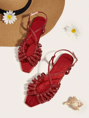 Faux Suede Hand-Woven Twist Flat Sandals shein