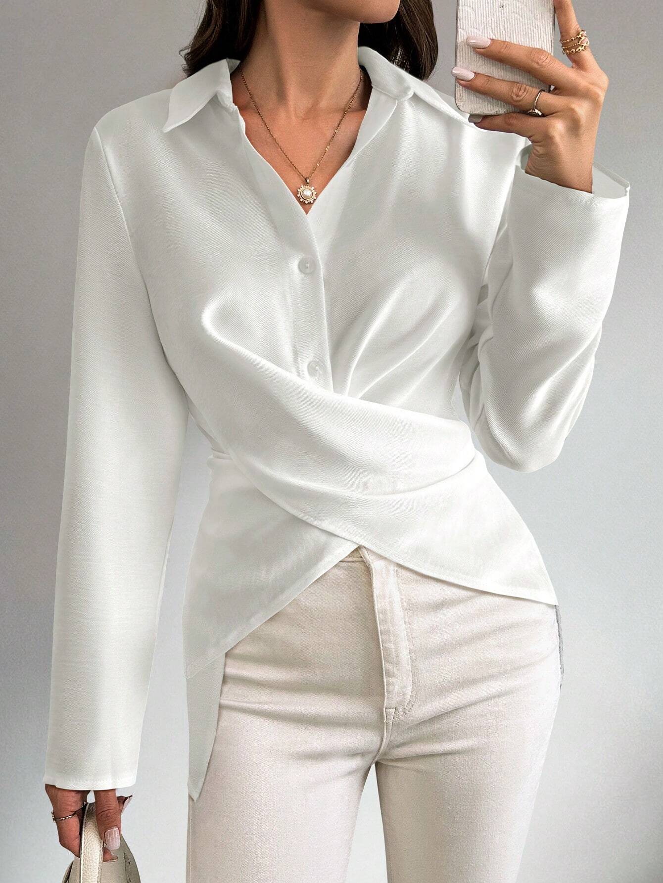 Privé Solid Criss Cross Wrap Shirt shein