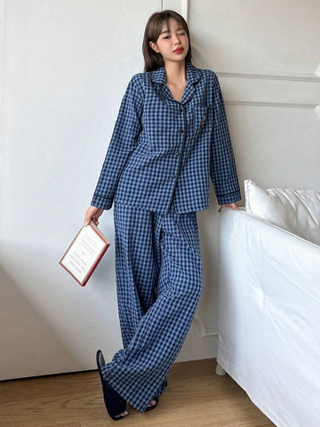 DAZY 2pcs Plaid Embroidery Pajama Set Shein