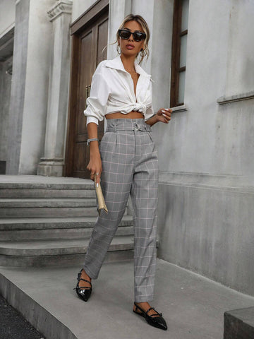 Modichic Commuting Fashionable Classic Colorful Plaid Pattern Fabric Belt Straight Waisted Cone Trousers shein