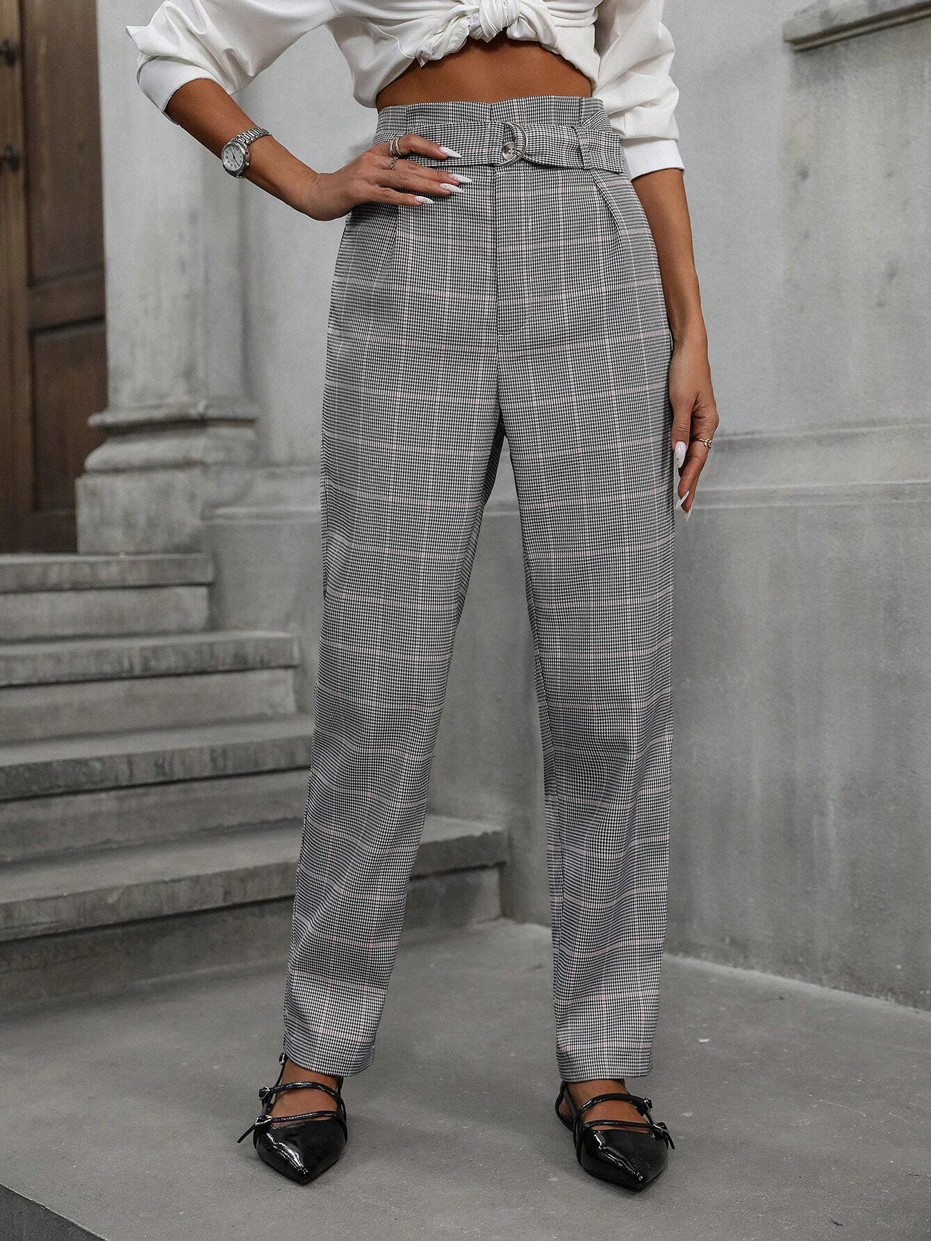 Modichic Commuting Fashionable Classic Colorful Plaid Pattern Fabric Belt Straight Waisted Cone Trousers shein