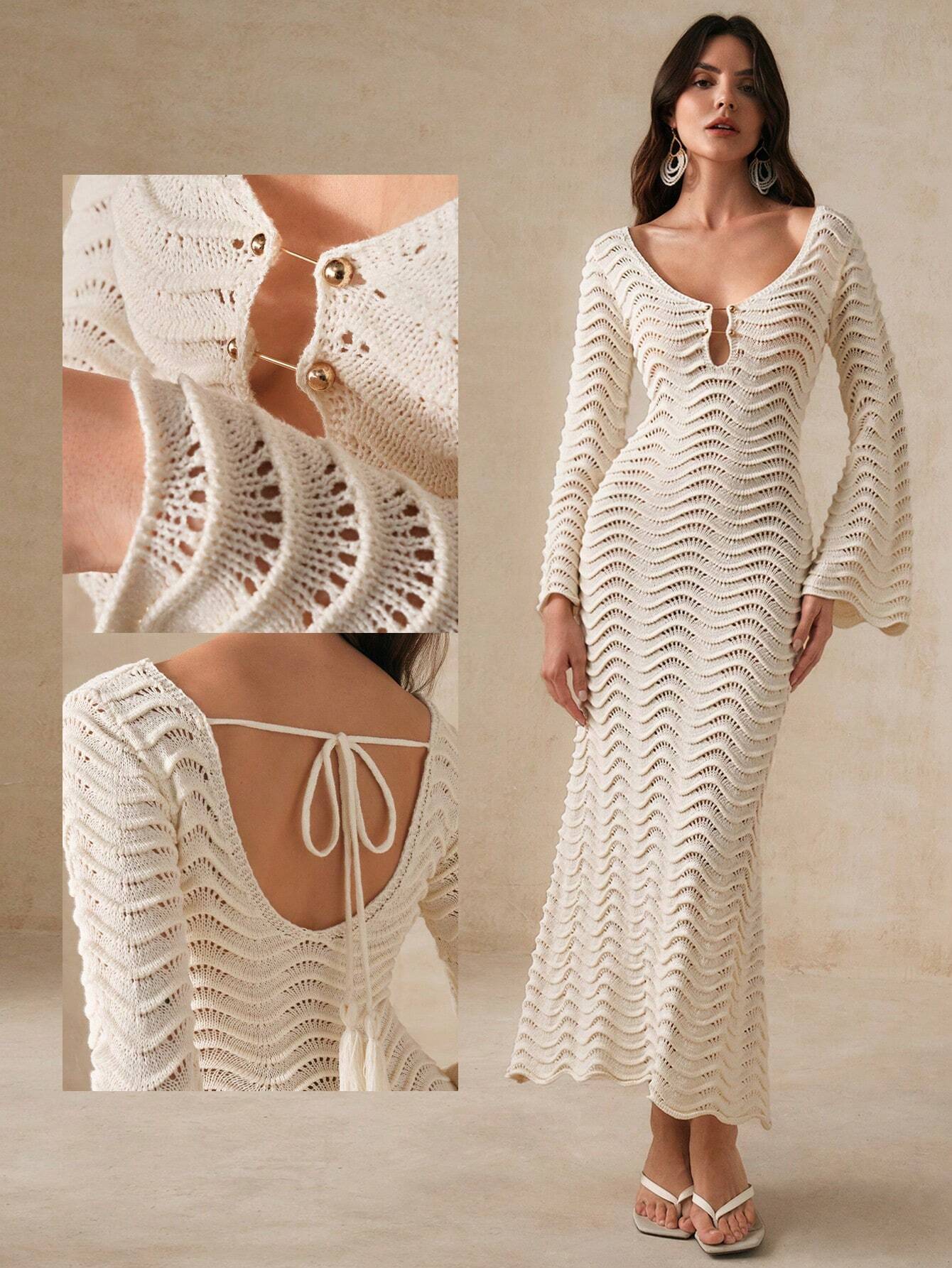 AZ Solid Color Knitted Hollow Out Wave Shaped Flare Sleeve dress shein