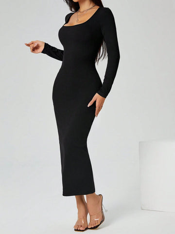 PETITE Autumn Wear Solid Color Square Neck Tight Black Long-Sleeved Dress shein