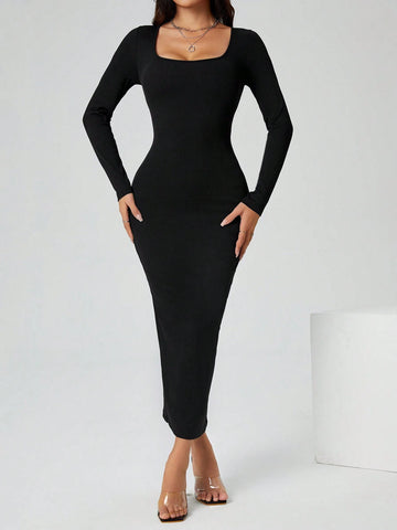 PETITE Autumn Wear Solid Color Square Neck Tight Black Long-Sleeved Dress shein