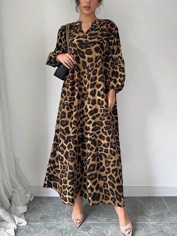 Privé Women's Spring Summer Leopard Print V-Neck Lantern Sleeve Loose Long Dress shein