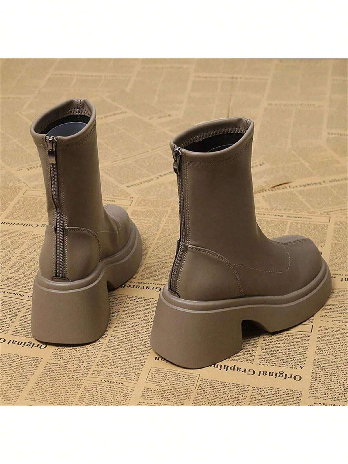 French Style Chunky Heel Boots With Height-Boosting Thick Sole, Round Toe And Waterproof Platform For Women shein