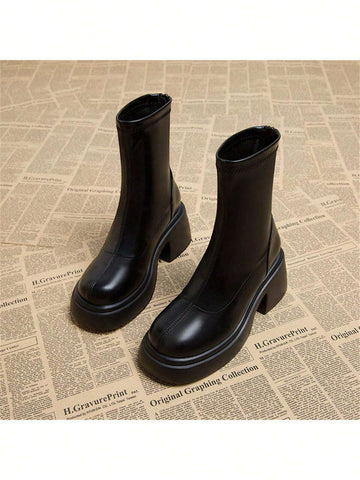 French Style Chunky Heel Boots With Height-Boosting Thick Sole, Round Toe And Waterproof Platform For Women shein