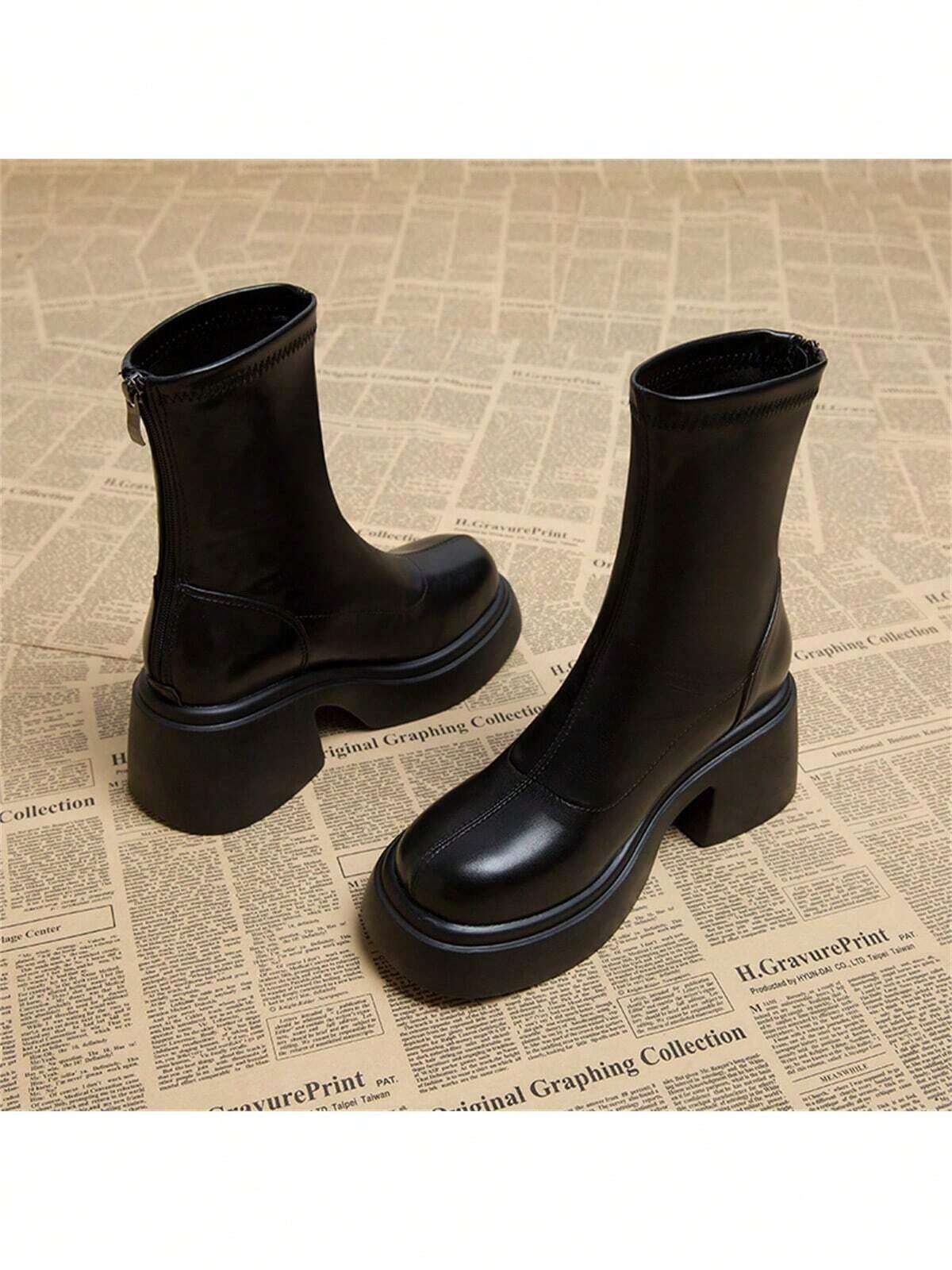 French Style Chunky Heel Boots With Height-Boosting Thick Sole, Round Toe And Waterproof Platform For Women shein