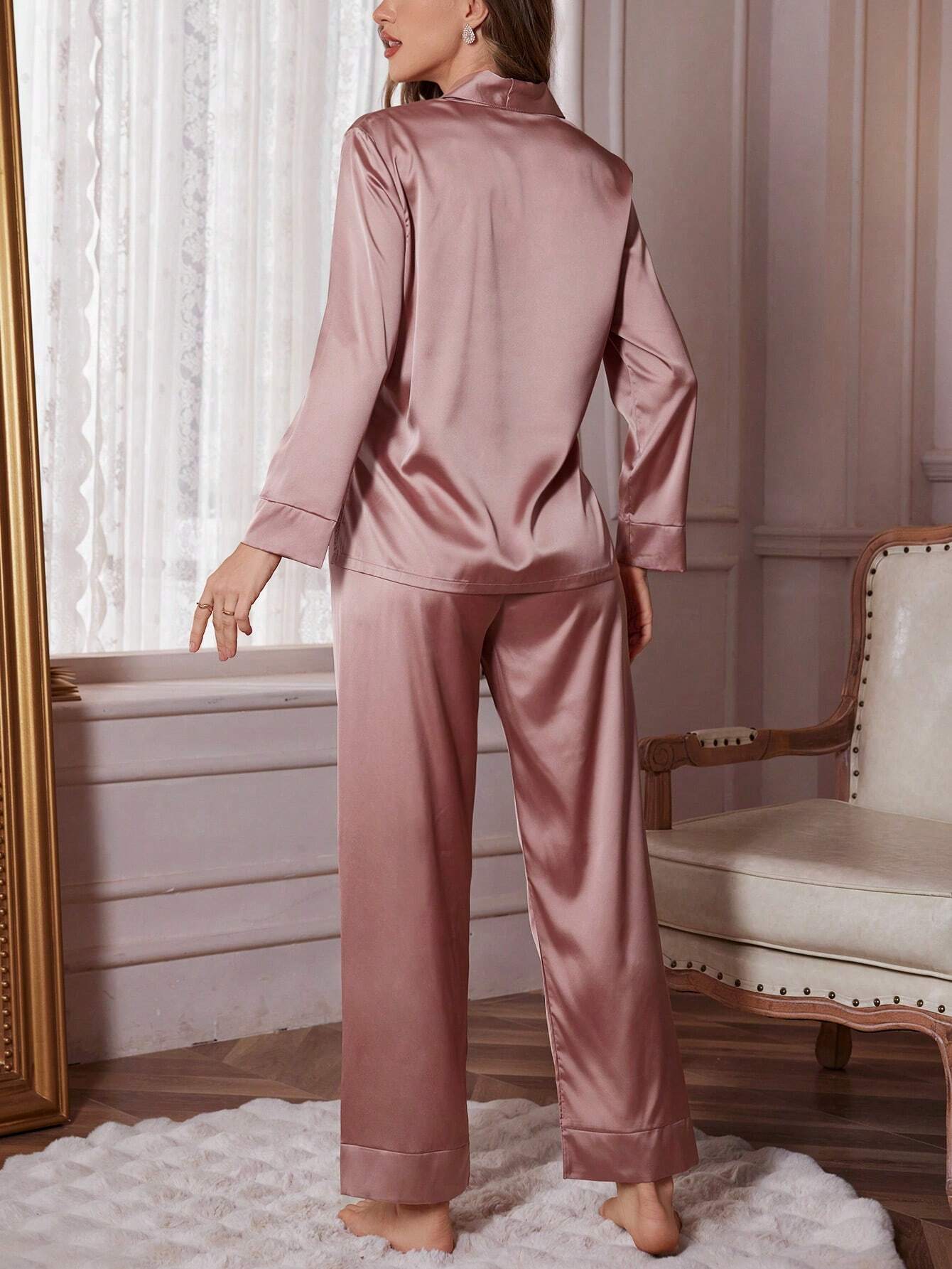 Shawl Collar Solid Satin PJ Set / Pajama Set shein