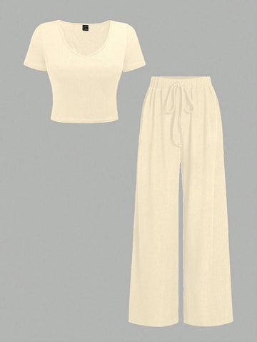 Essnce Summer Plain V-Neck T-Shirt And Wide-Leg Pants Two-Piece Set