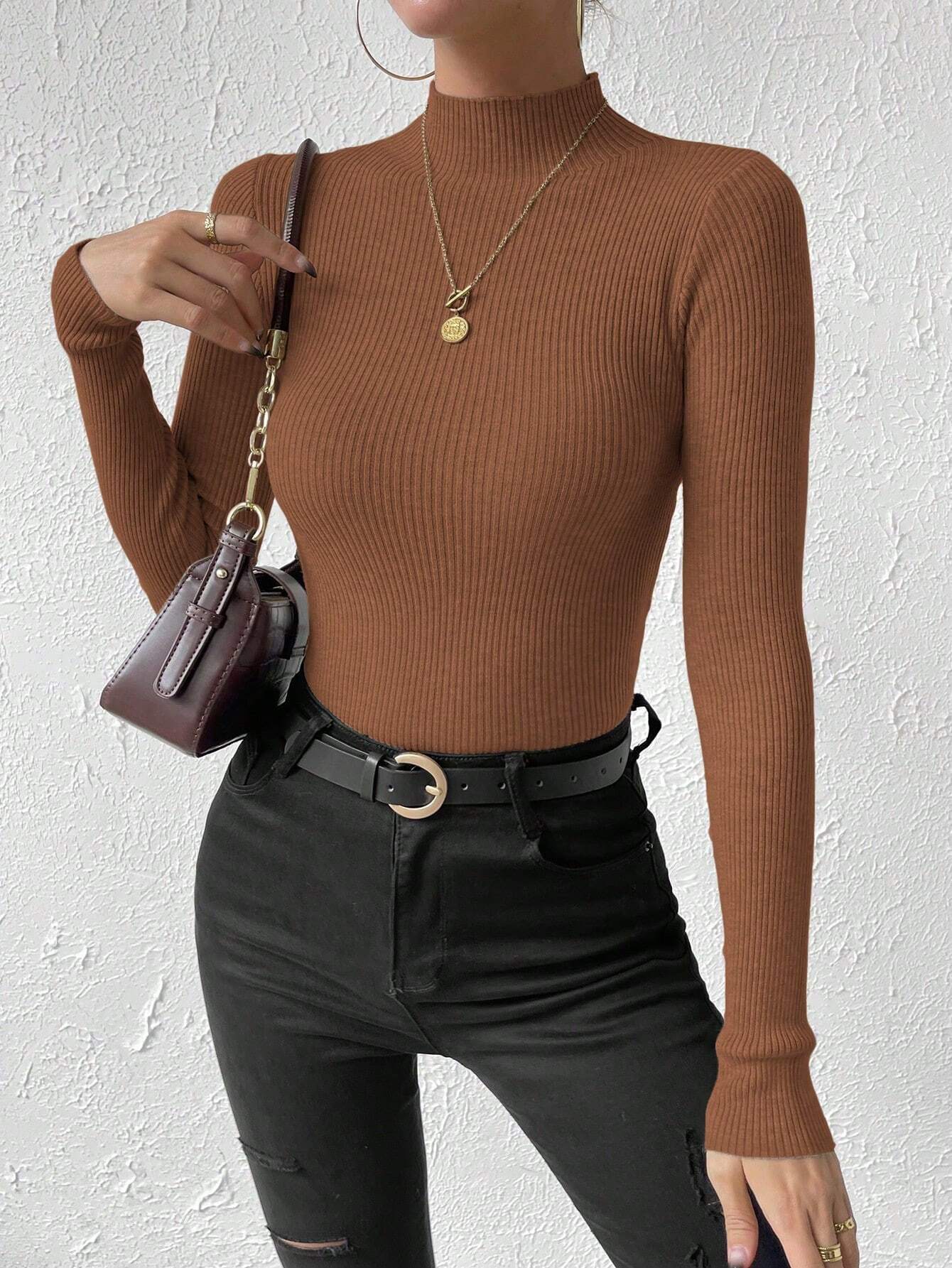 Essnce Mock Neck Ribbed Knit Sweater shein