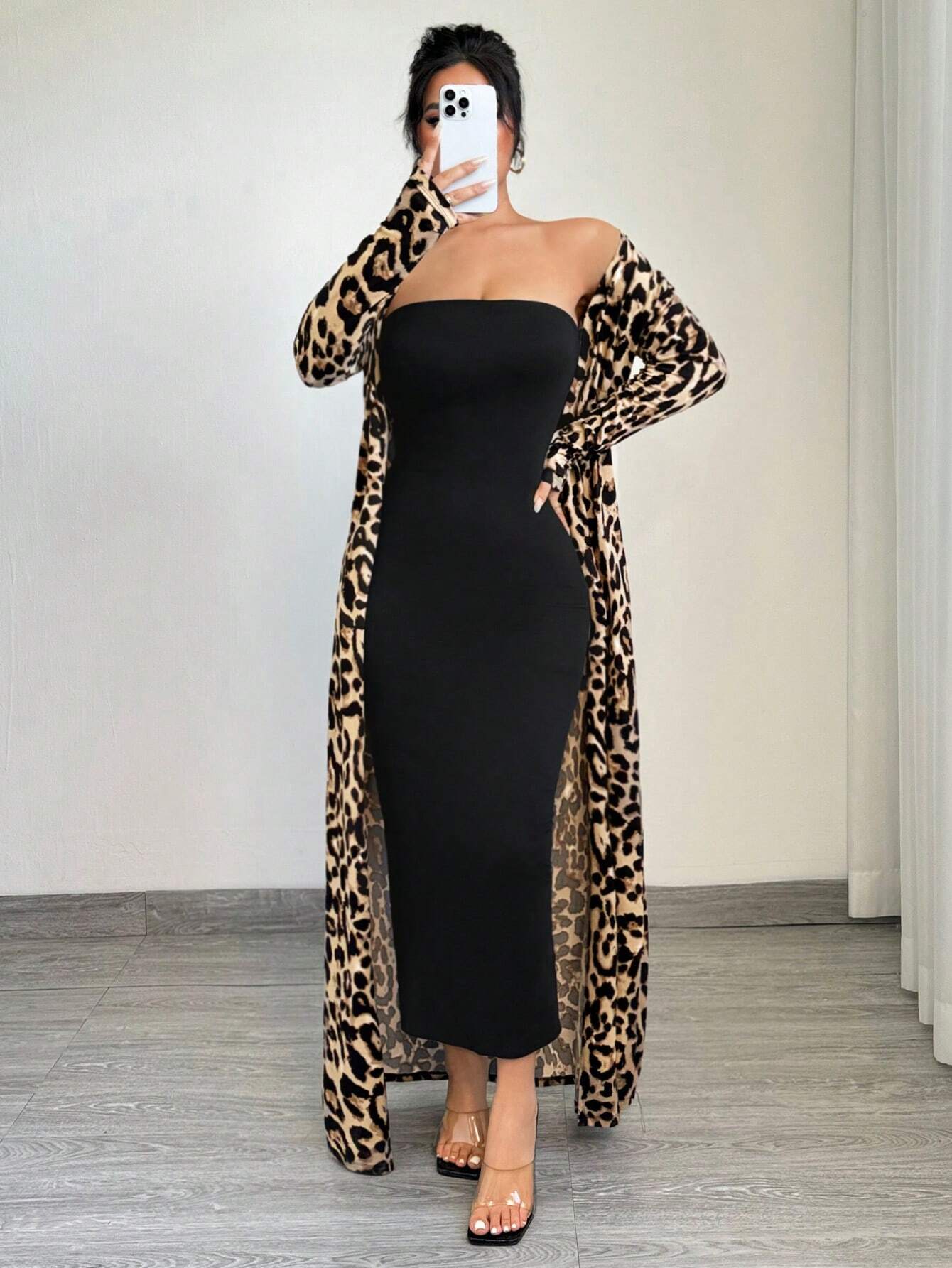 SXY 2pcs Leopard Print Long Sleeve Maxi Jacket And Bodycon Dress Set shein