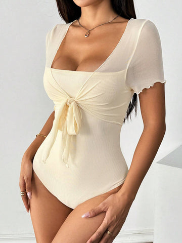 Privé Summer Fashion Bow Tie Front Mesh Splice Square Neck Bodycon Short Sleeve Bodysuit shein