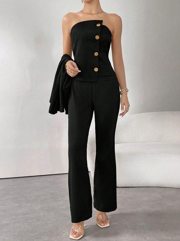 Modely Solid Color Blazer, Cropped Tank Top And Flare Pants 3pcs Suit Set