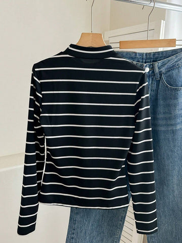 Frenchy Striped Mock Neck Tee shein