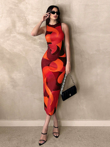 Essnce Women's Fashionable Color-Block Printed Ruched Sleeveless Dress With Elastic Waist shein