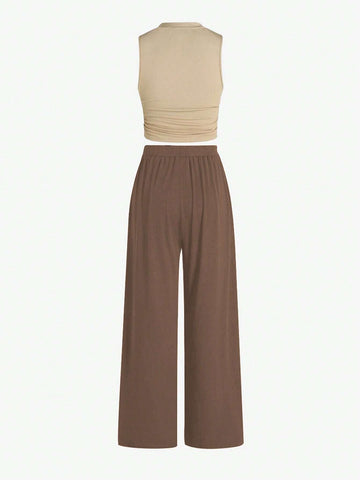 Essnce Summer Casual Solid Color Slim-Fit Ruched Crop Top And Long Pants Set