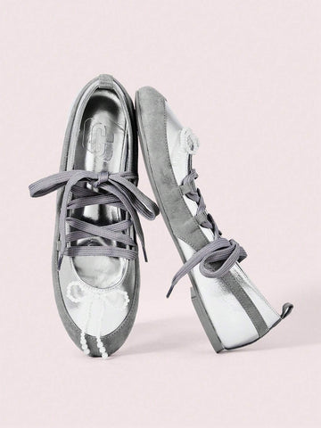 CUCCOO DOLLMOD Silver Metal PU + Grey Suede Round Toe Flat Casual Shoes shein