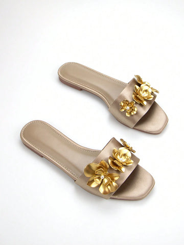 Women's Elegant Gold 3D Flower Metal Decor Canvas Square Toe Casual Party Flat Mule Slides shein