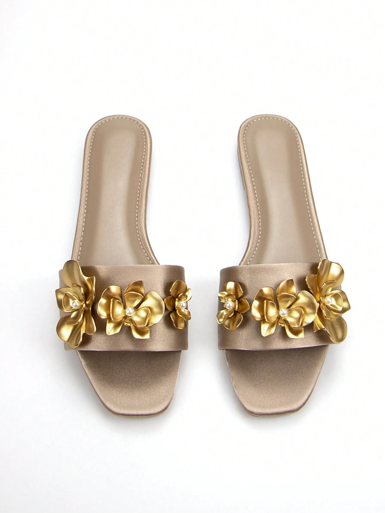 Women's Elegant Gold 3D Flower Metal Decor Canvas Square Toe Casual Party Flat Mule Slides shein