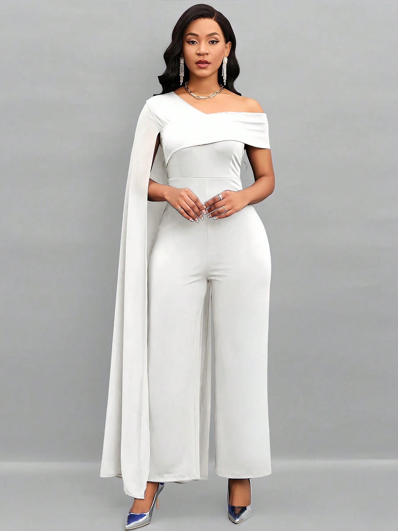 Lady Asymmetrical Neck Cloak Sleeve Wide Leg Jumpsuit shein