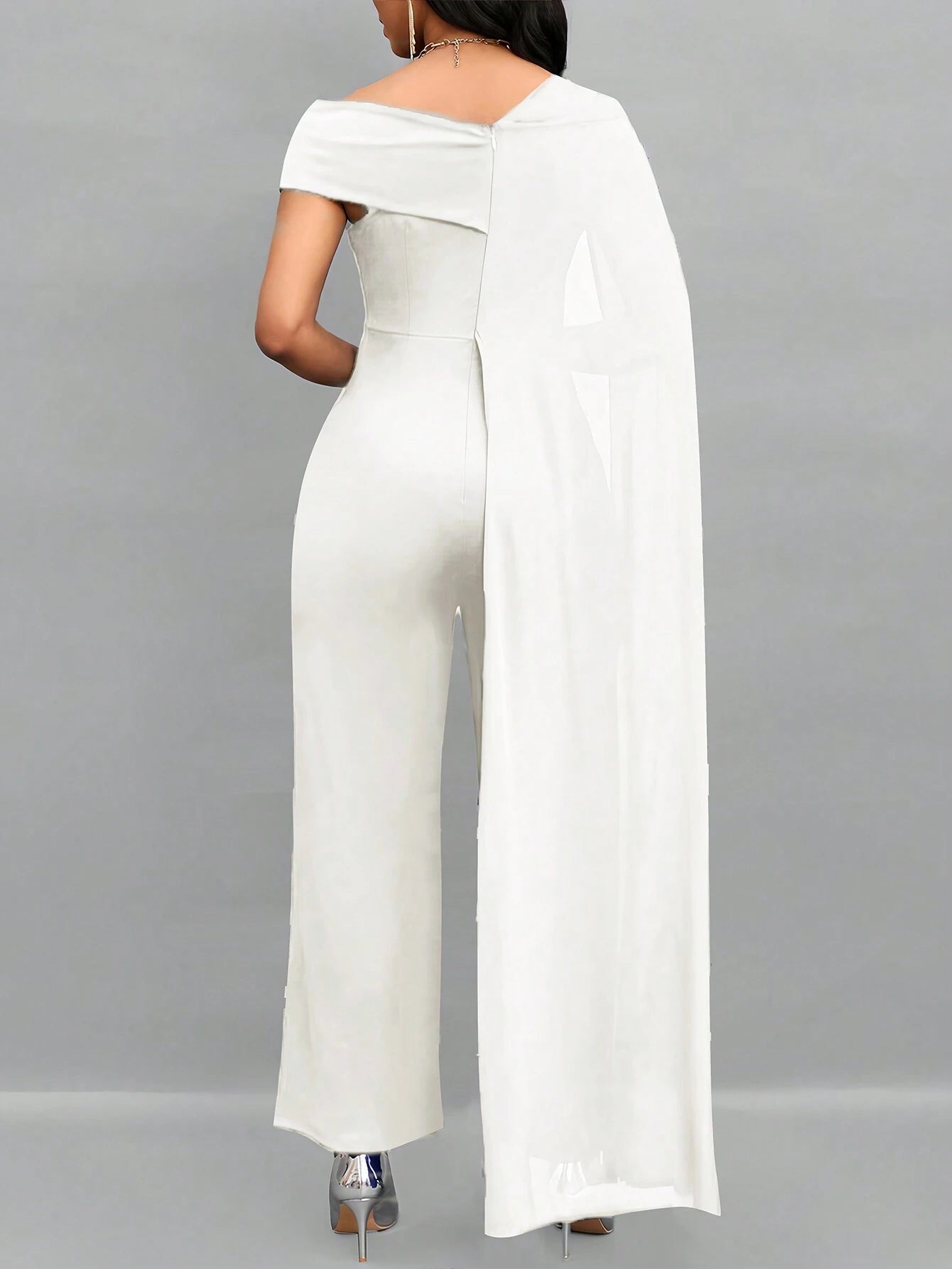 Lady Asymmetrical Neck Cloak Sleeve Wide Leg Jumpsuit shein