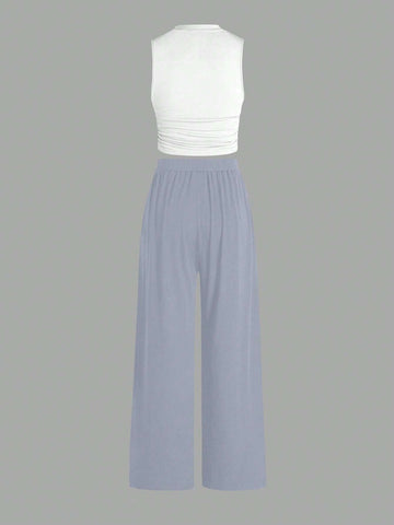 Essnce Summer Casual Solid Color Slim-Fit Ruched Crop Top And Long Pants Set