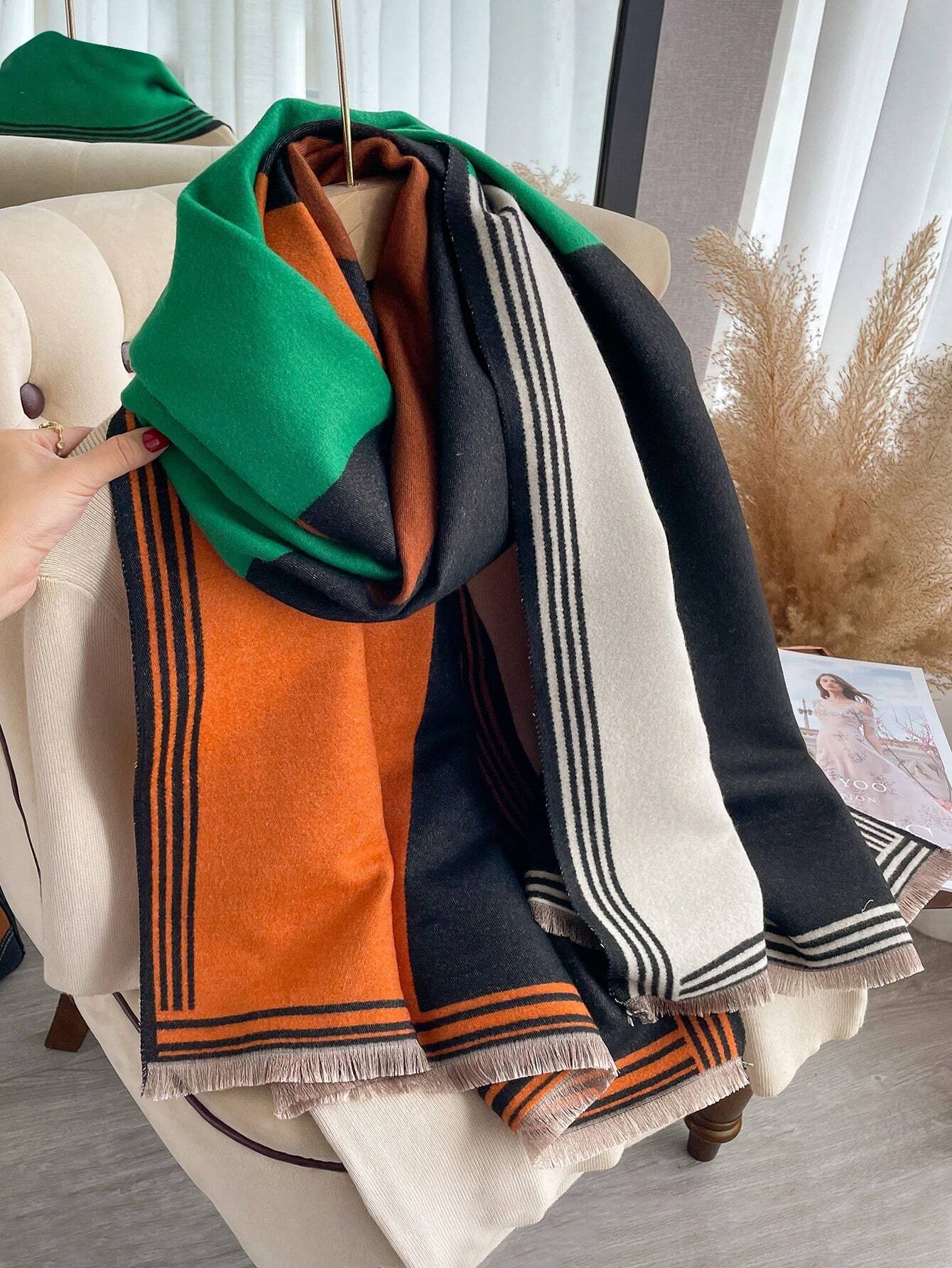 legant 1pc Women's Autumn And Winter Double-Sided Faux Cashmere Patchwork Fashionable All-Match Air Conditioning Shawl Thickened Warm Scarf shein