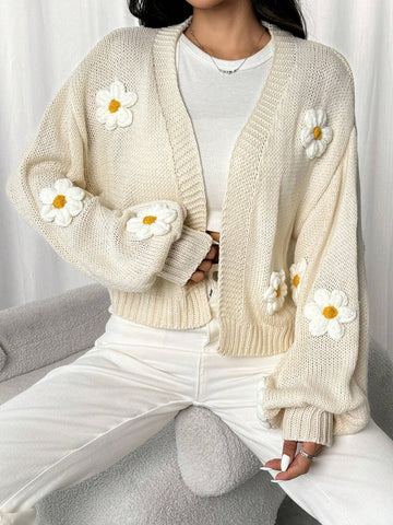 EZwear Long Sleeve Floral Decor Minimalist Cardigan